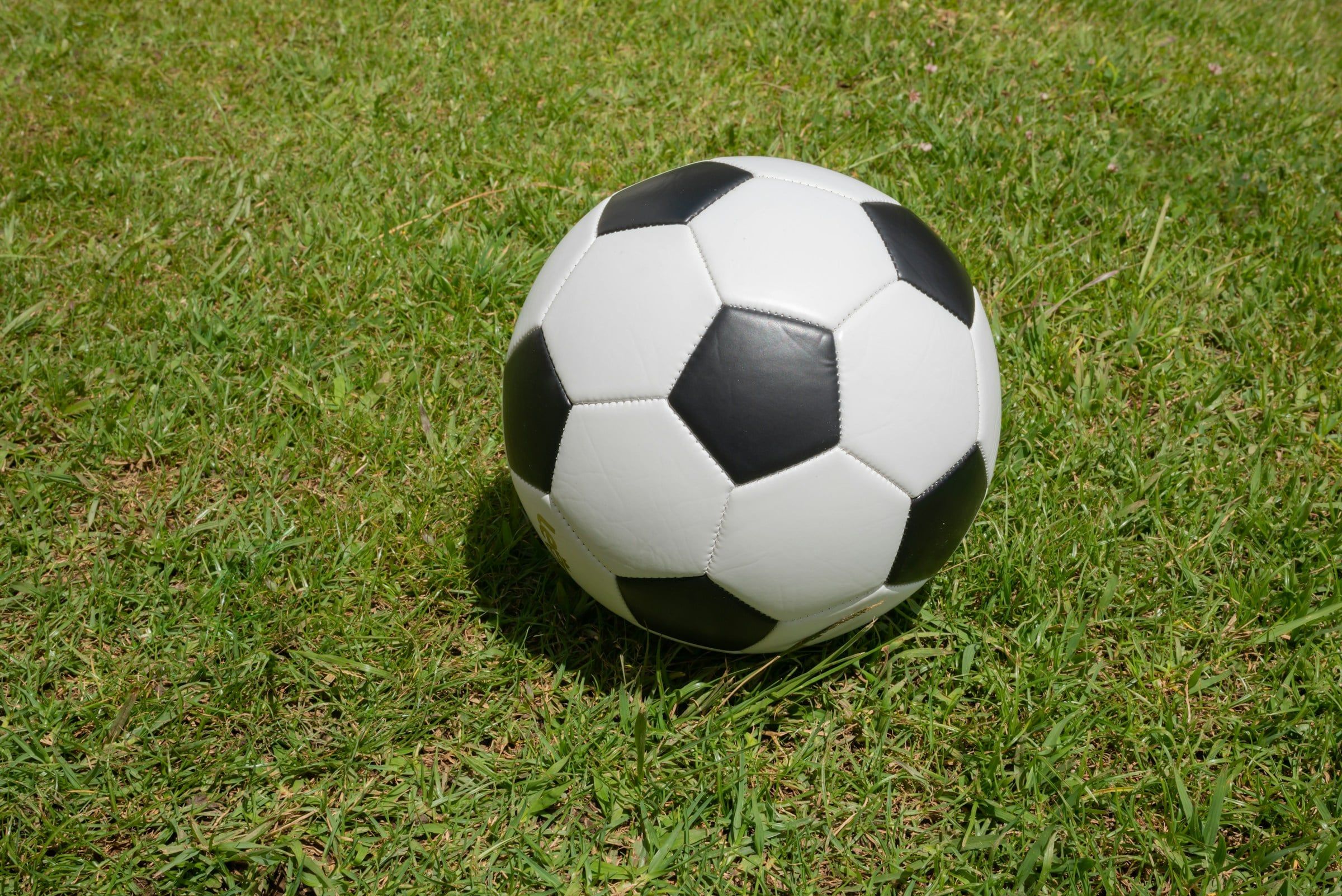 Pallone da calcio classico a pentagoni bianchi e neri appoggiato sull'erba di un campo, illuminato dalla luce calda del sole